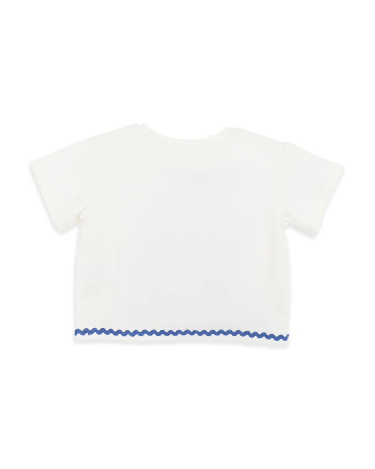 White t-shirt with blue trim on a white background
