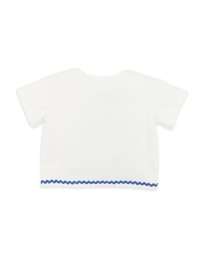 White t-shirt with blue trim on a white background