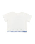 White t-shirt with blue trim on a white background