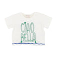 White t-shirt with 'CIAO BELLA' text on a white background