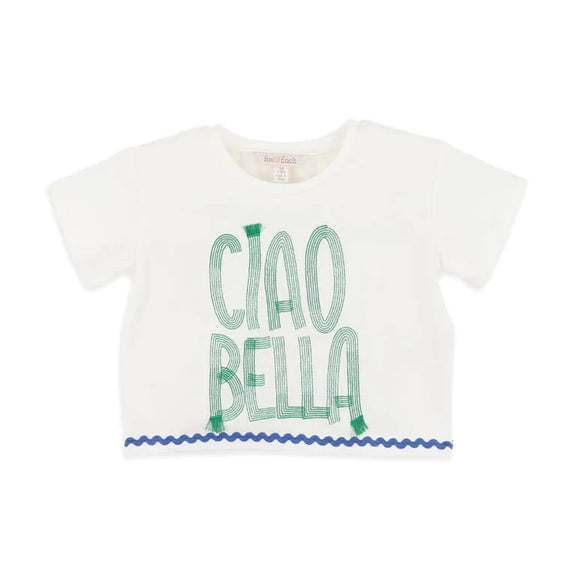 White t-shirt with 'CIAO BELLA' text on a white background