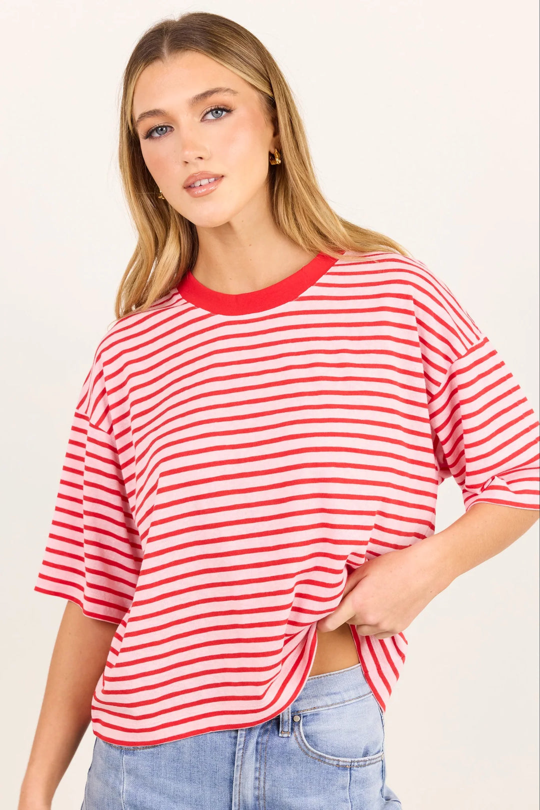 Stories Be Told Cohesion Stripe Oversized Tee - Pink Red Stripe