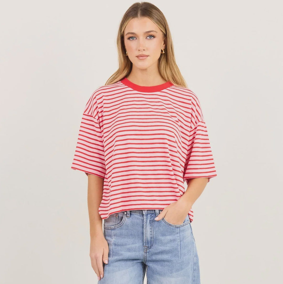 Stories Be Told Cohesion Stripe Oversized Tee - Pink Red Stripe