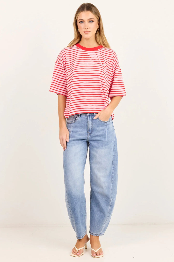 Stories Be Told Cohesion Stripe Oversized Tee - Pink Red Stripe