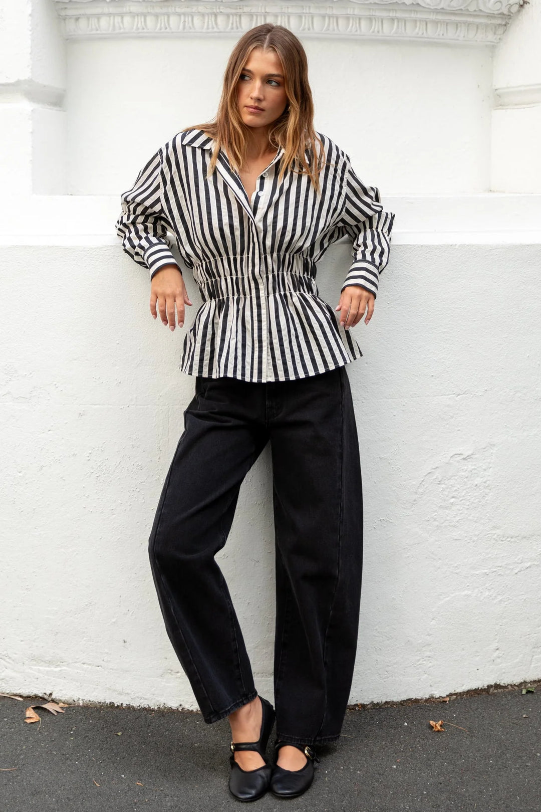 Composite Black Bone Stripe Shirred Body Shirt