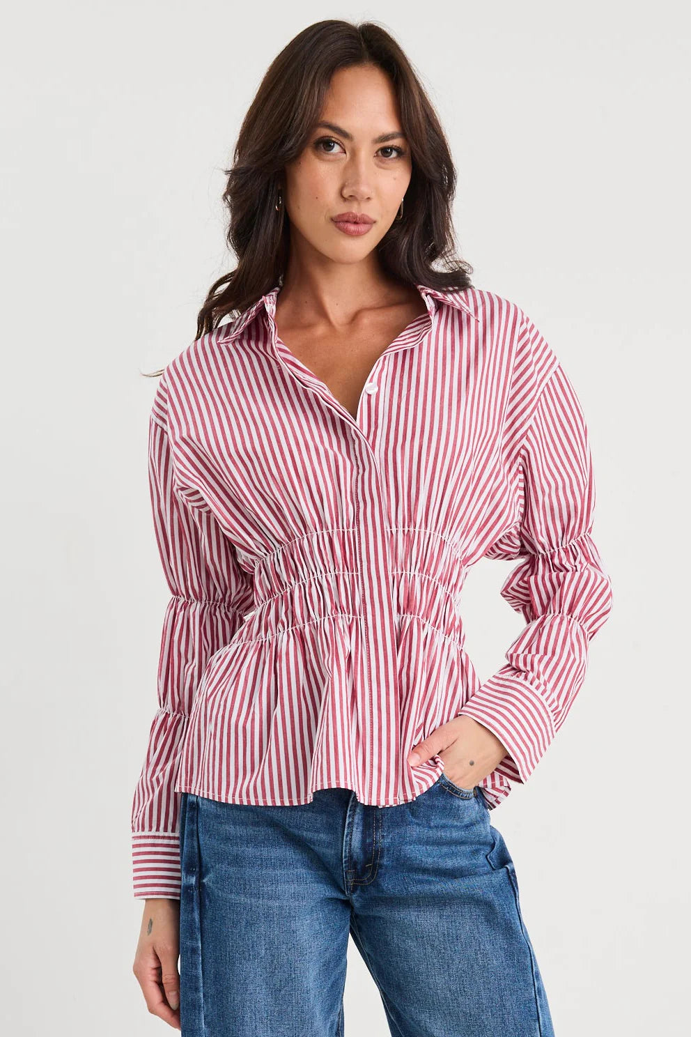 Composite Burgundy Plum Stripe Shirred Body Shirt