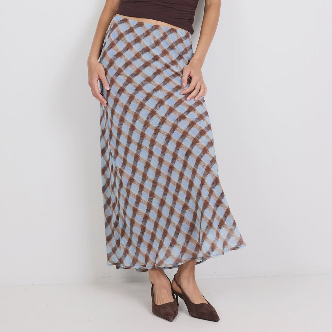 Jubilant Chocolate Ice Blue Check Georgette Pull On Bias Maxi Skirt | Georgia Zoe