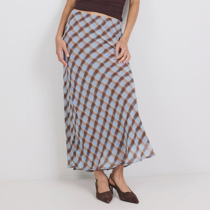 Jubilant Chocolate Ice Blue Check Georgette Pull On Bias Maxi Skirt | Georgia Zoe