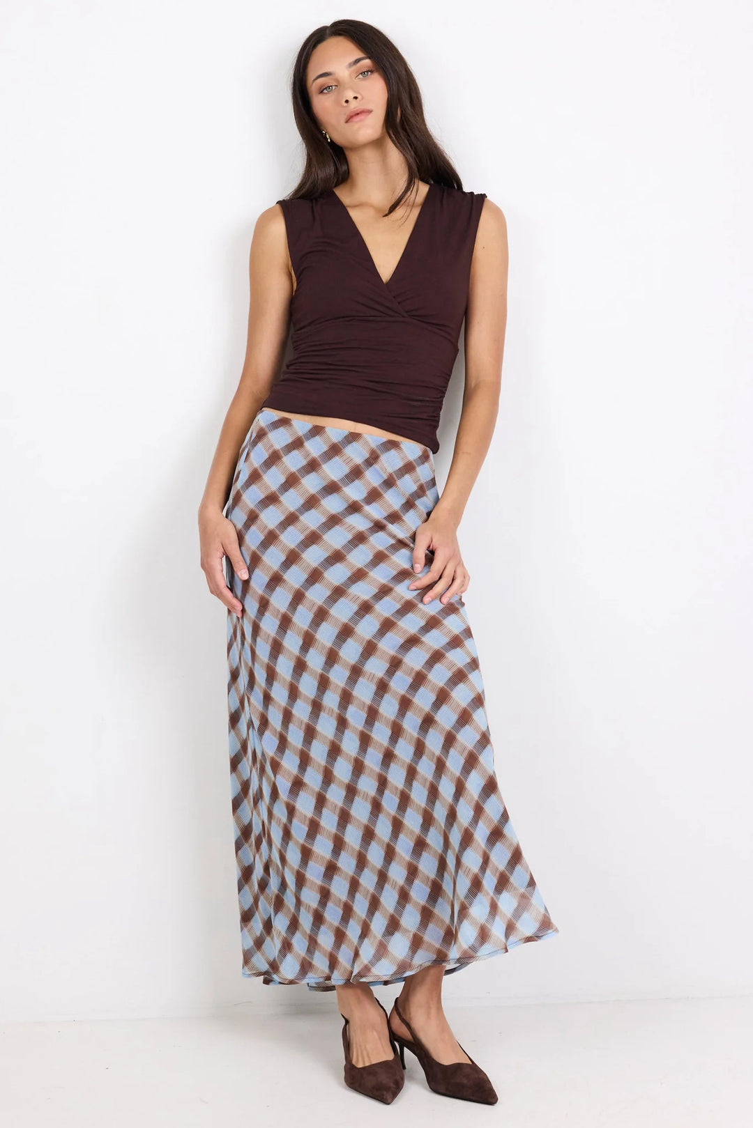 Jubilant Chocolate Ice Blue Check Georgette Pull On Bias Maxi Skirt | Georgia Zoe