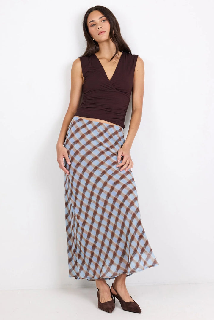 Jubilant Chocolate Ice Blue Check Georgette Pull On Bias Maxi Skirt | Georgia Zoe