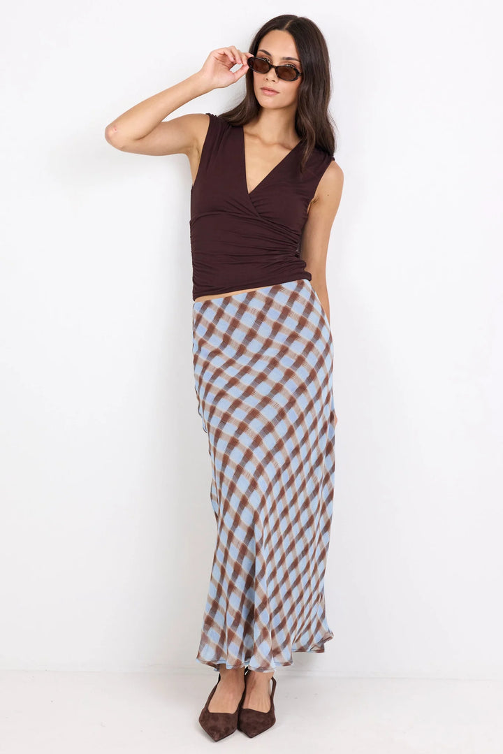 Jubilant Chocolate Ice Blue Check Georgette Pull On Bias Maxi Skirt | Georgia Zoe
