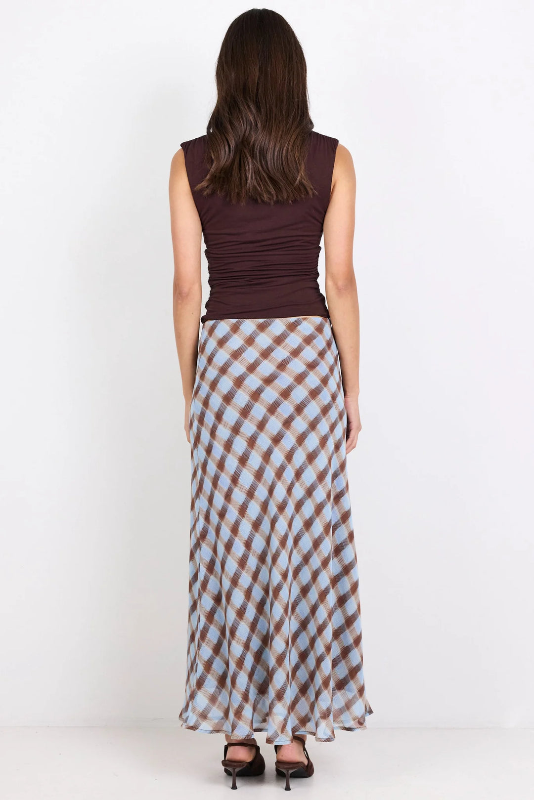 Jubilant Chocolate Ice Blue Check Georgette Pull On Bias Maxi Skirt | Georgia Zoe