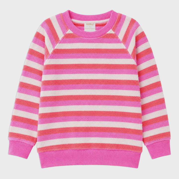 A pink and white striped long-sleeve crewneck sweater with solid pink ribbed collar, cuffs, and hem, laid flat on a light gray background.