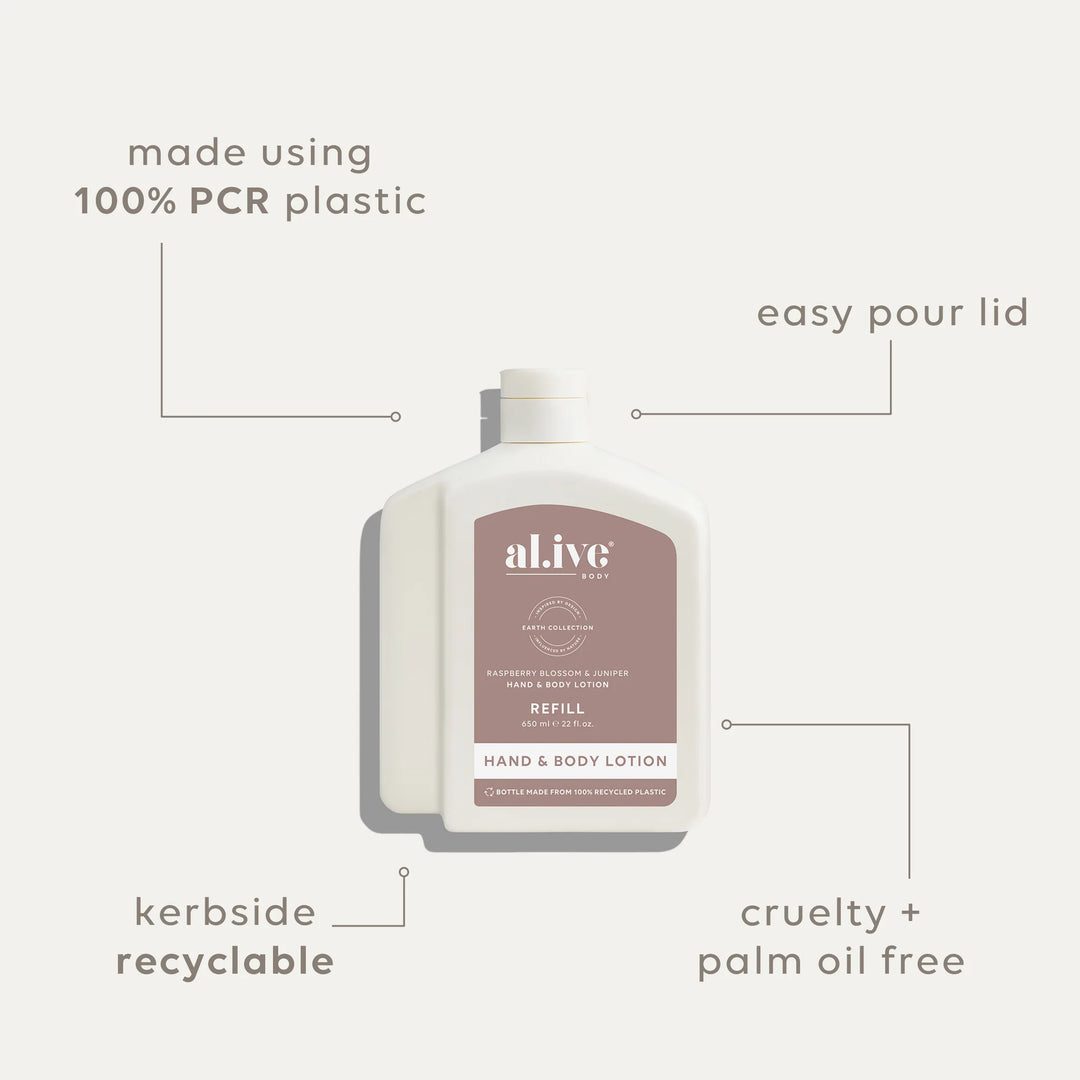Hand and body lotion bottle with features highlighted on a white background
