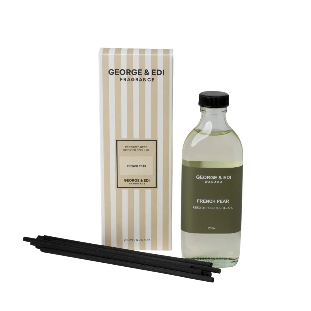 George & Edi fragrance set with bottle, packaging, and sticks on a white background