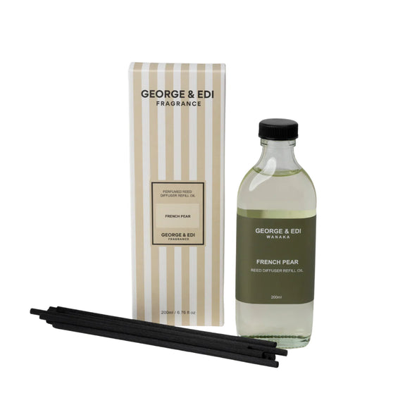 George & Edi fragrance set with bottle, packaging, and sticks on a white background