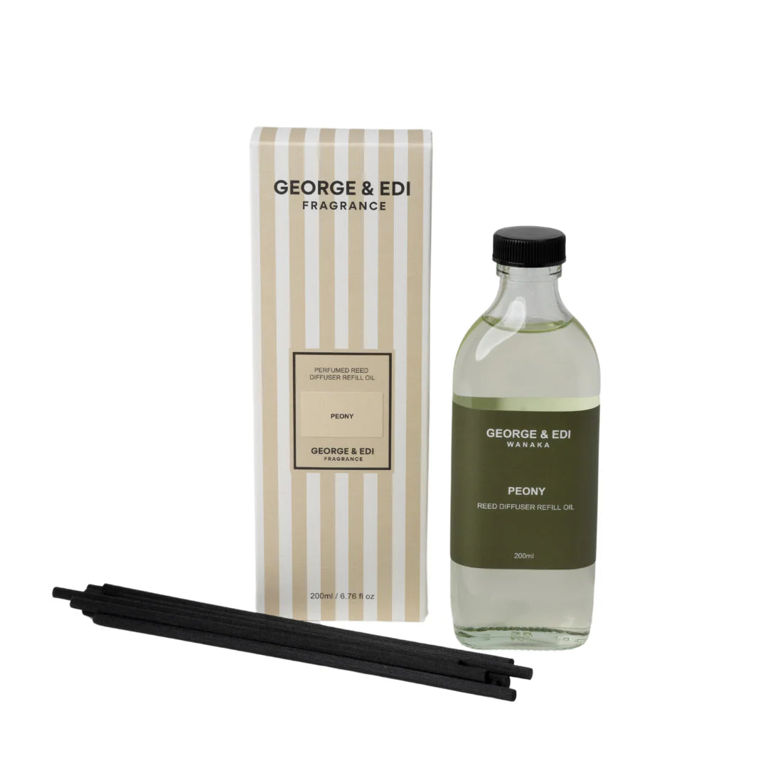 George & Edi Peony fragrance set with bottle, packaging, and sticks on a white background