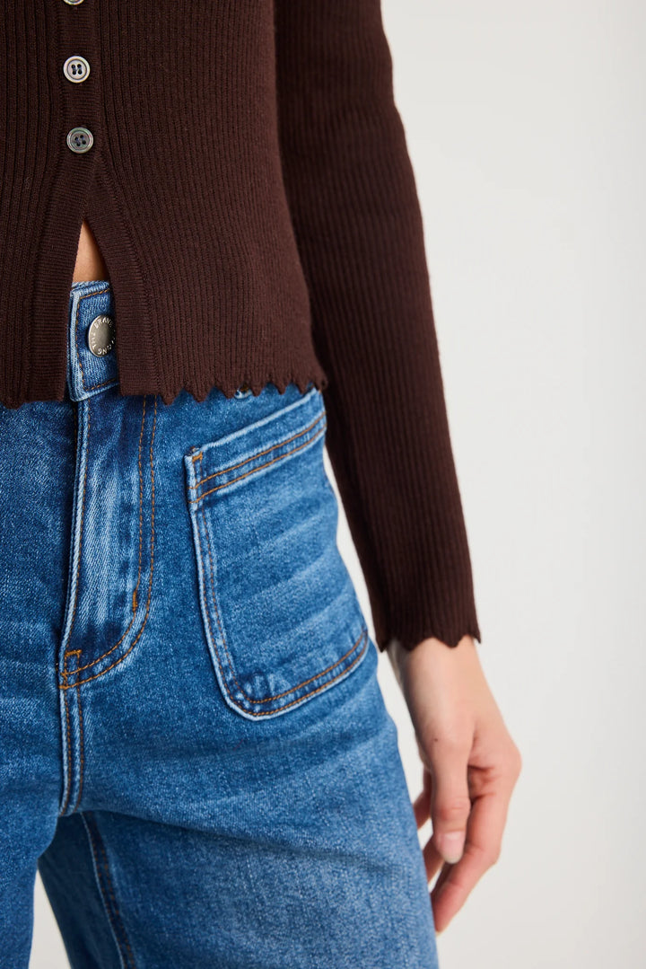 Ditto Chocolate Button Front Rib Knit Long Sleeve Top