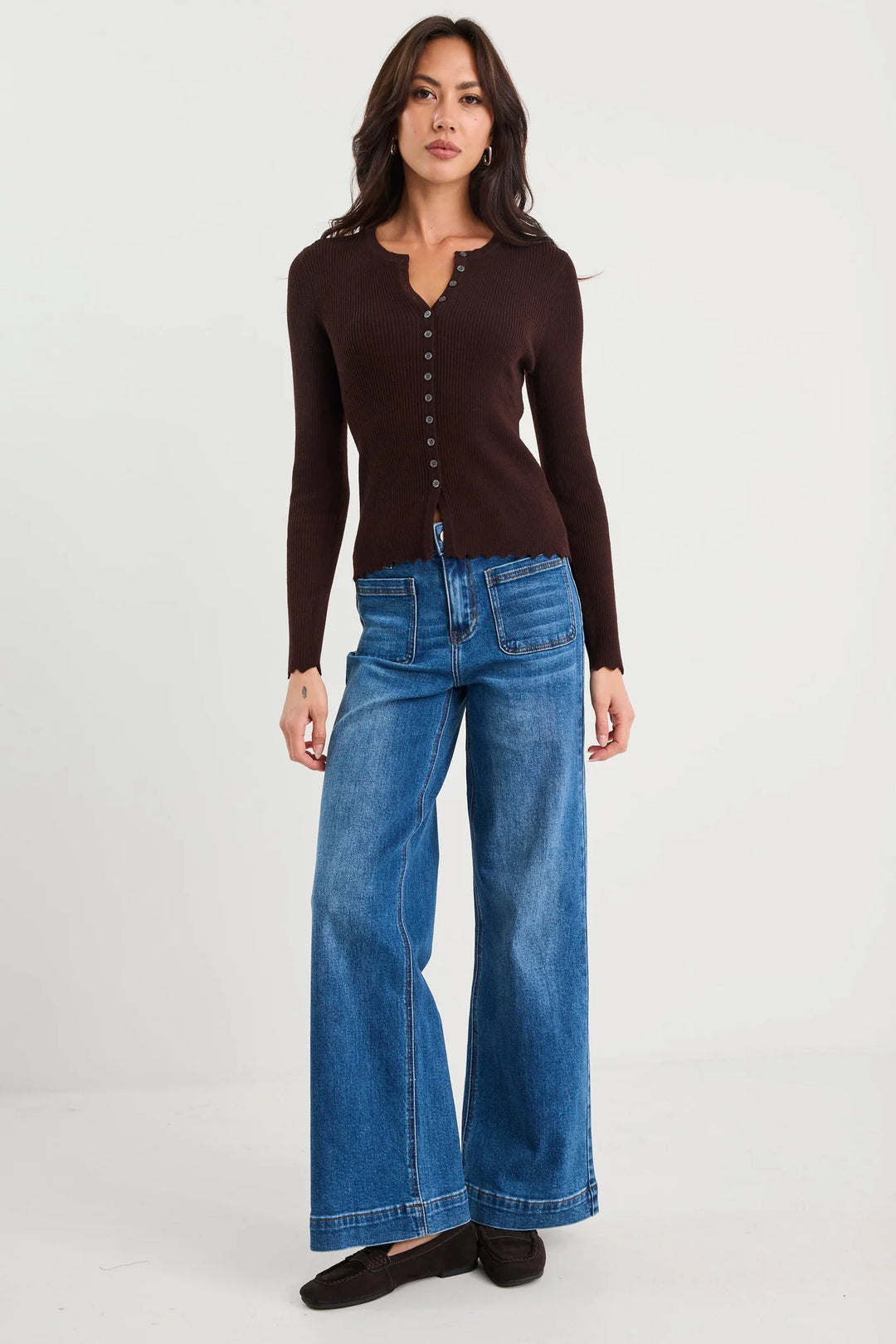 Ditto Chocolate Button Front Rib Knit Long Sleeve Top