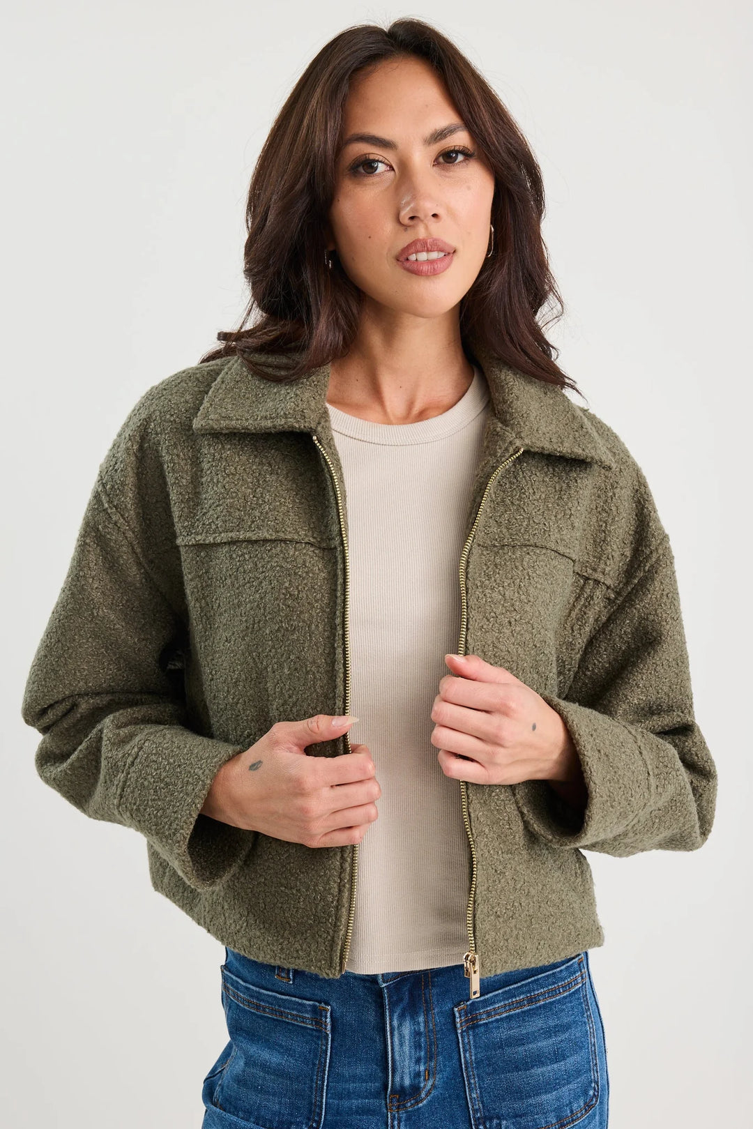 Dune Khaki Boucle Zip Front Jacket
