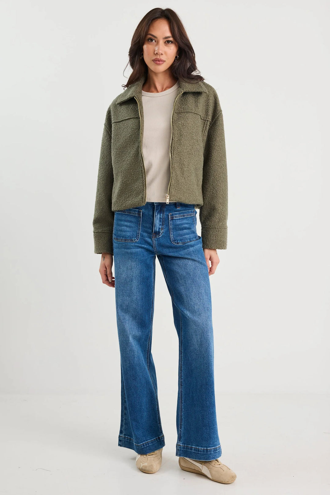 Dune Khaki Boucle Zip Front Jacket