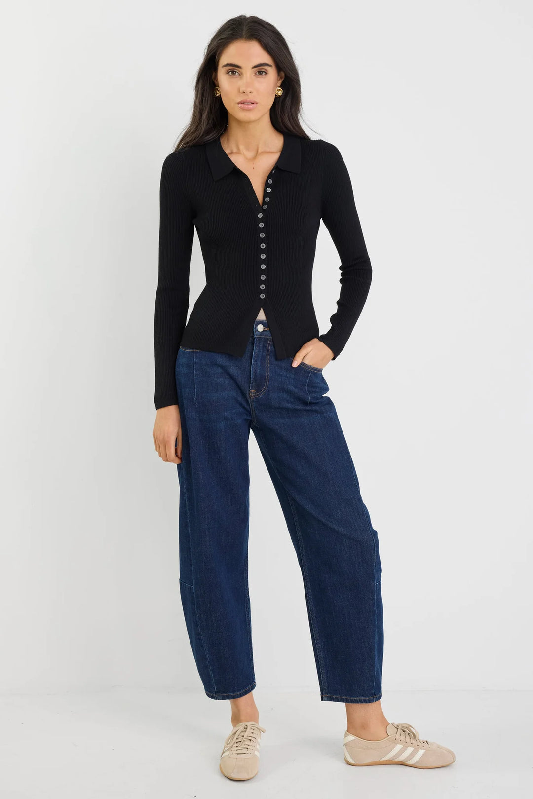 Duplication Black Rib Knit Collared Cardigan