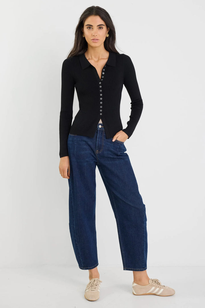 Duplication Black Rib Knit Collared Cardigan