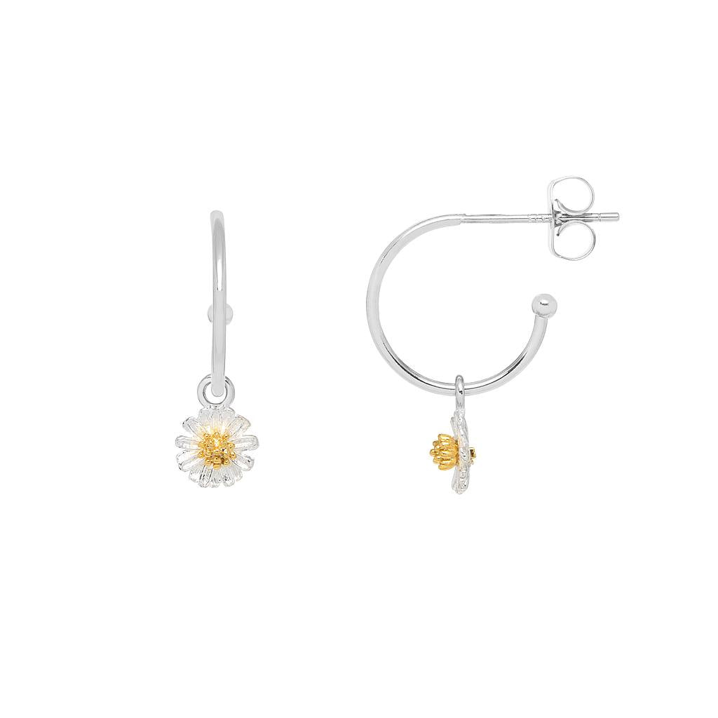 Silver earrings with floral designs on a white background
