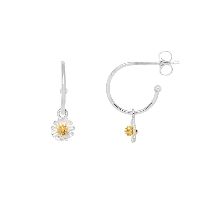 Silver earrings with floral designs on a white background
