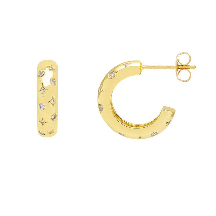 Gold hoop earrings with small stones on a white background