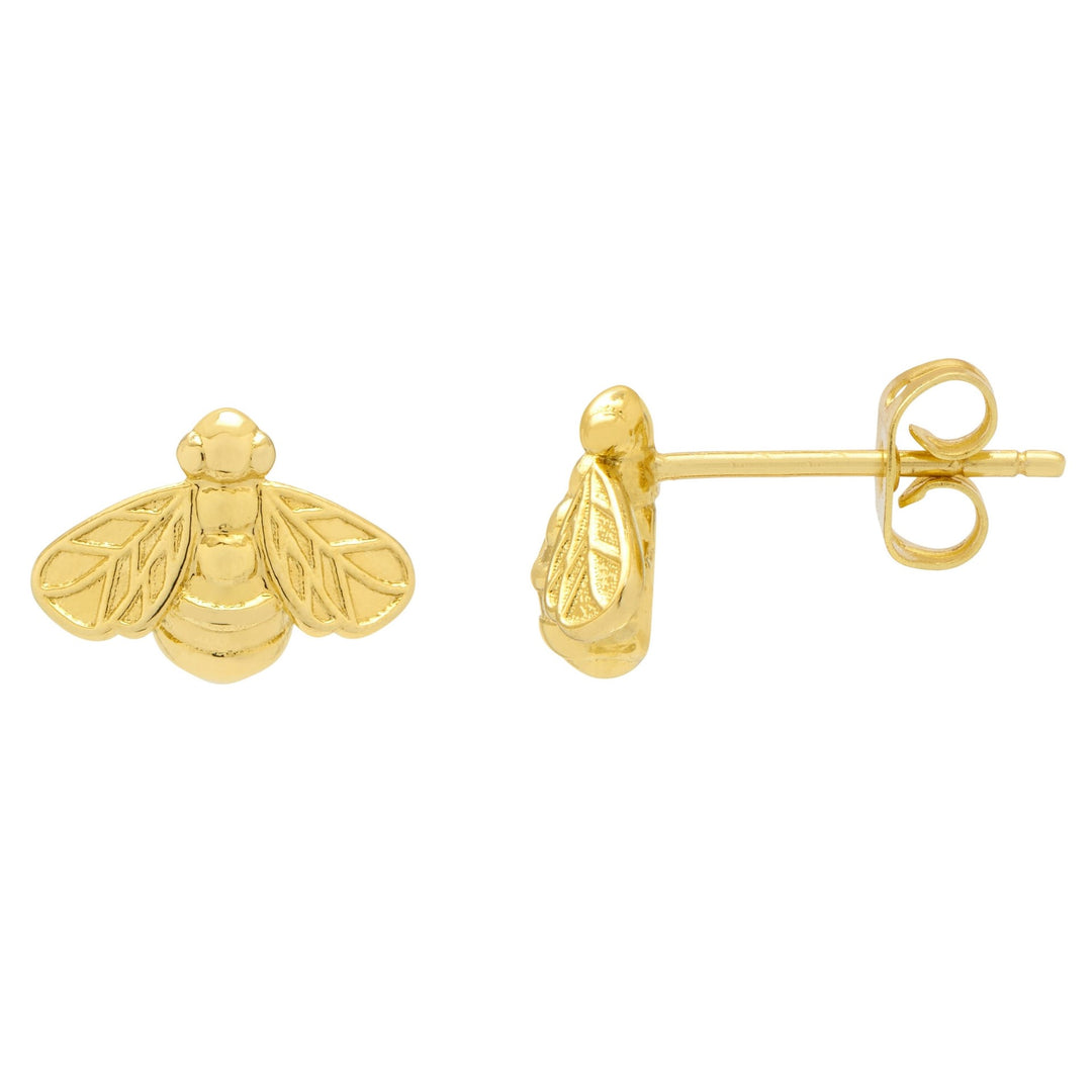 Gold bee-shaped earrings on a white background