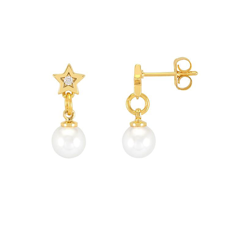 Gold earrings with star and pearl designs on a white background