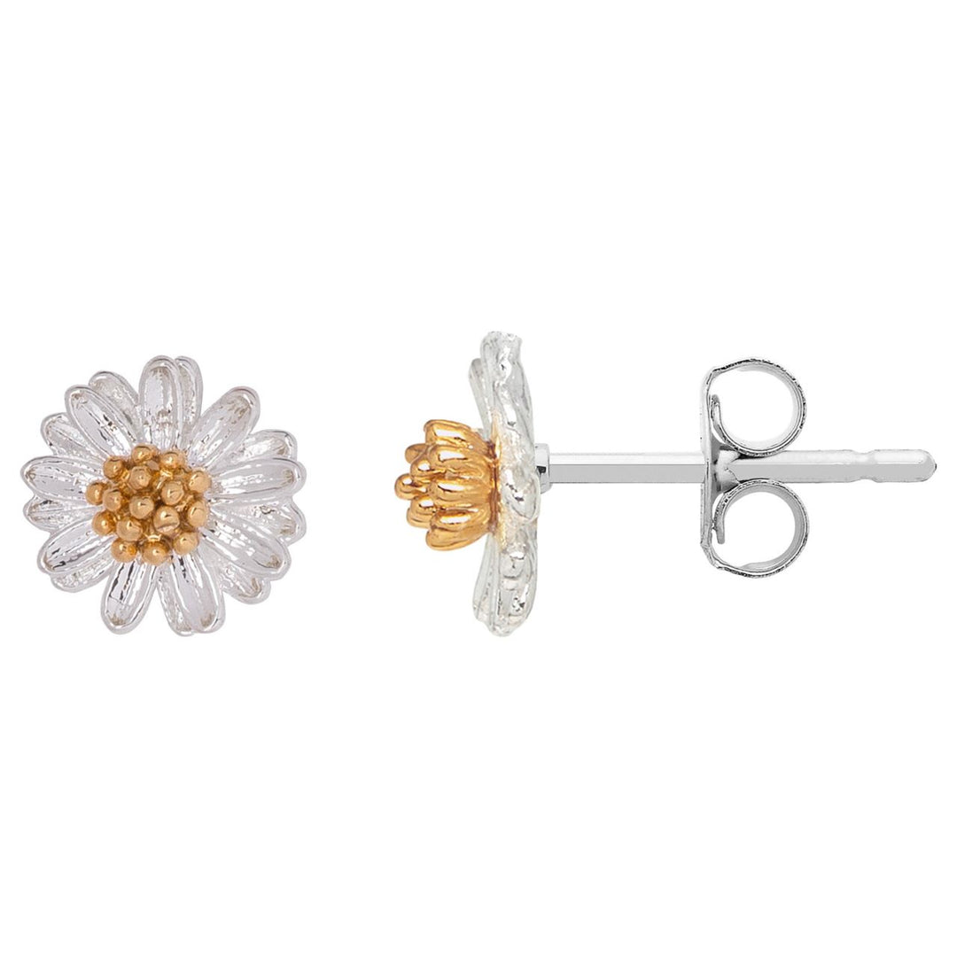 Pair of silver and gold flower-shaped earrings on a white background