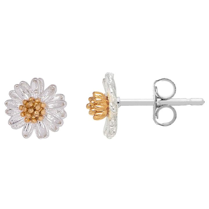 Pair of silver and gold flower-shaped earrings on a white background