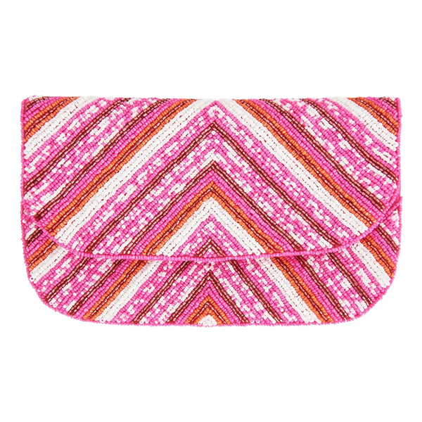 Pink and white striped pouch on a white background