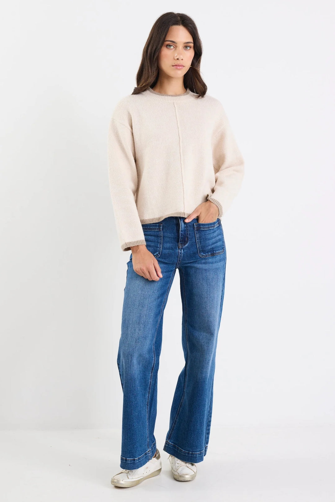 Edge Ivory Mock Neck Contrast Trim Jumper