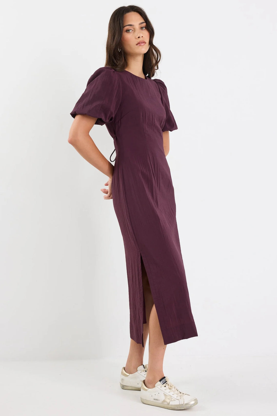 Elder Plum Short Puff Sleeve Tie Midi Dress