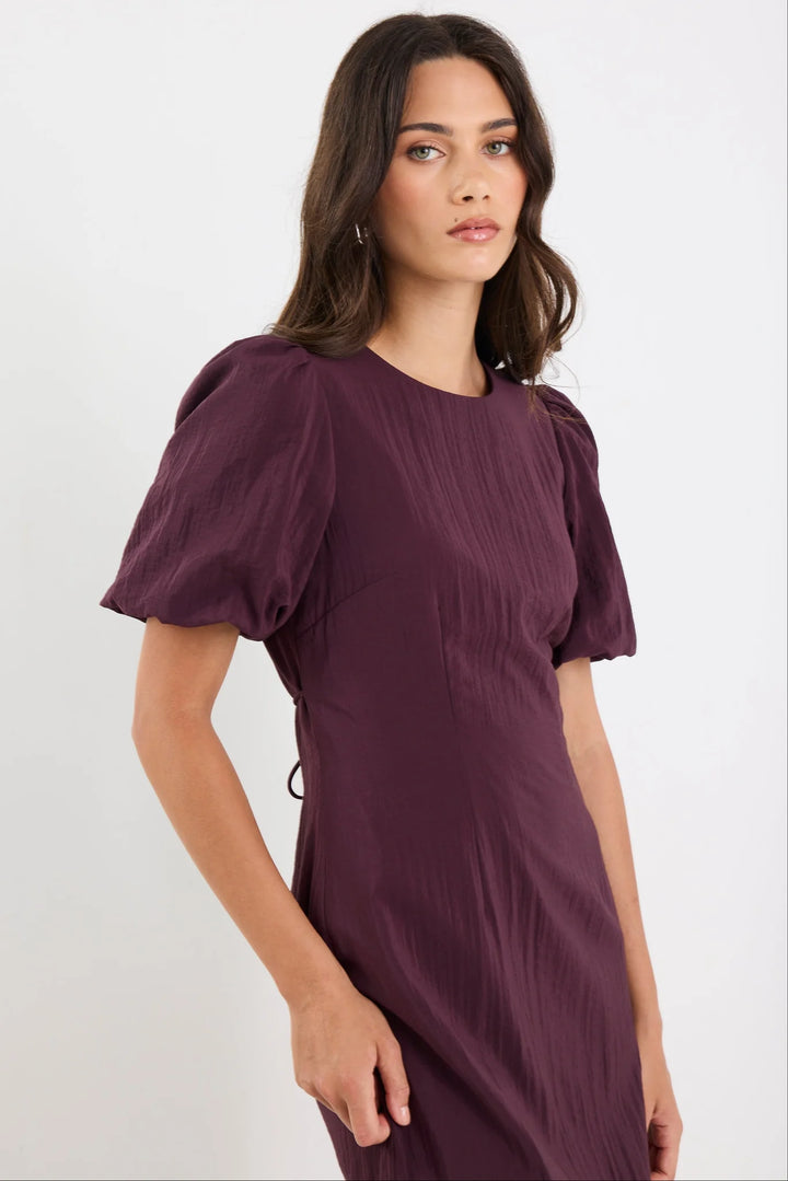 Elder Plum Short Puff Sleeve Tie Midi Dress
