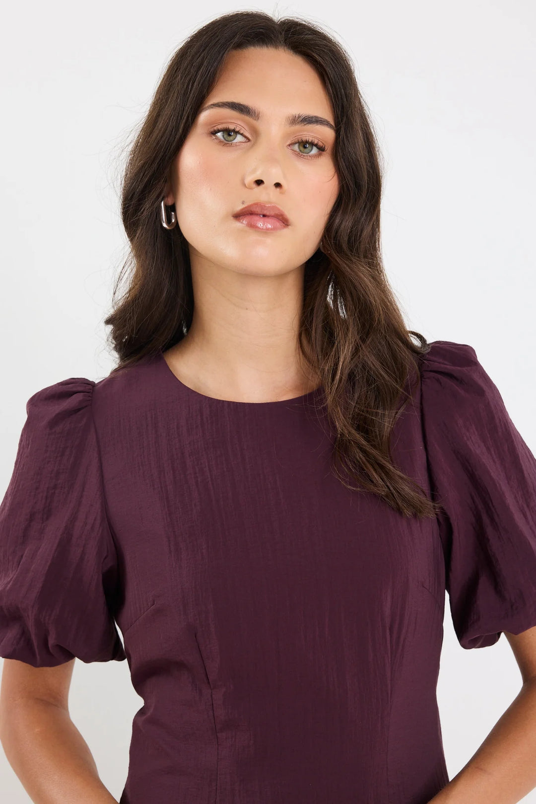 Elder Plum Short Puff Sleeve Tie Midi Dress