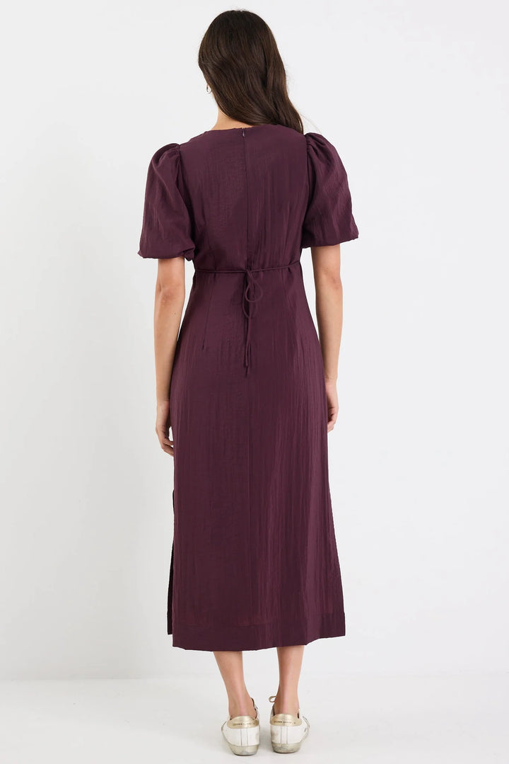 Elder Plum Short Puff Sleeve Tie Midi Dress