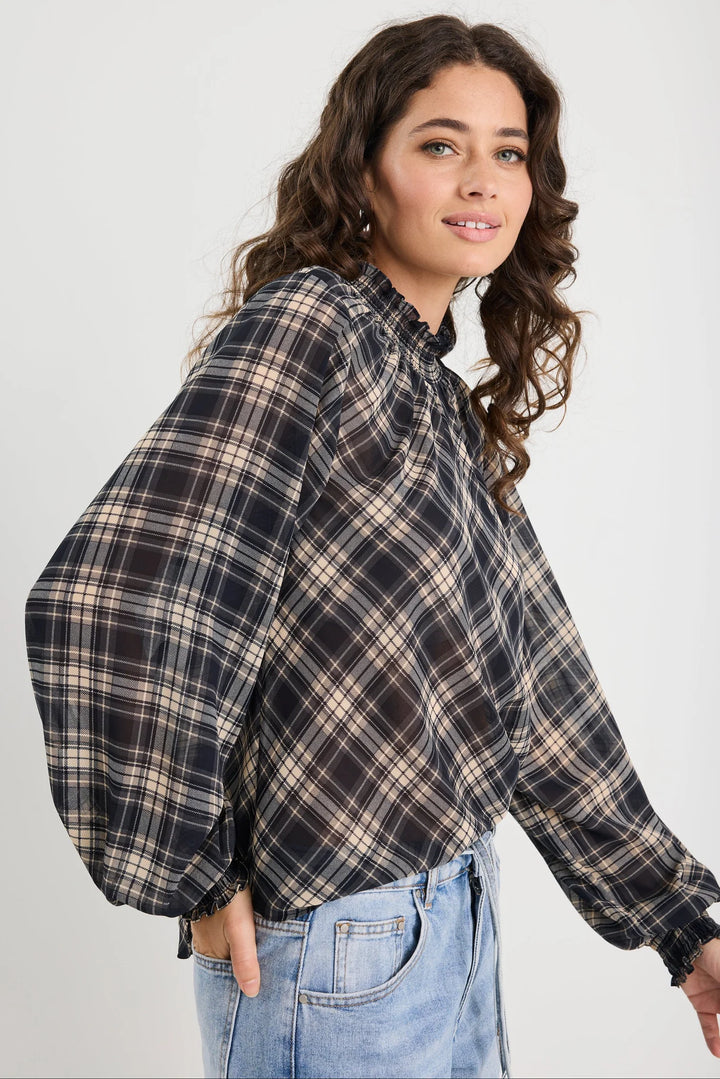 Embrace Black Check Chiffon Shirred Neck LS Top / Black Check Chiffon