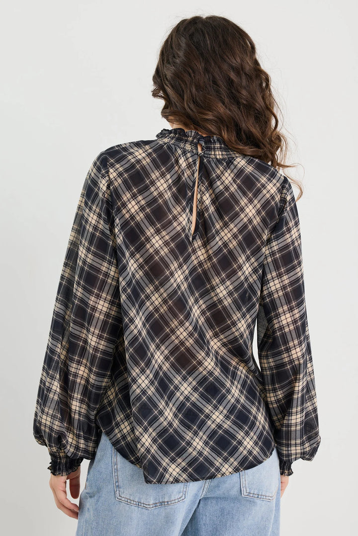 Embrace Black Check Chiffon Shirred Neck LS Top / Black Check Chiffon