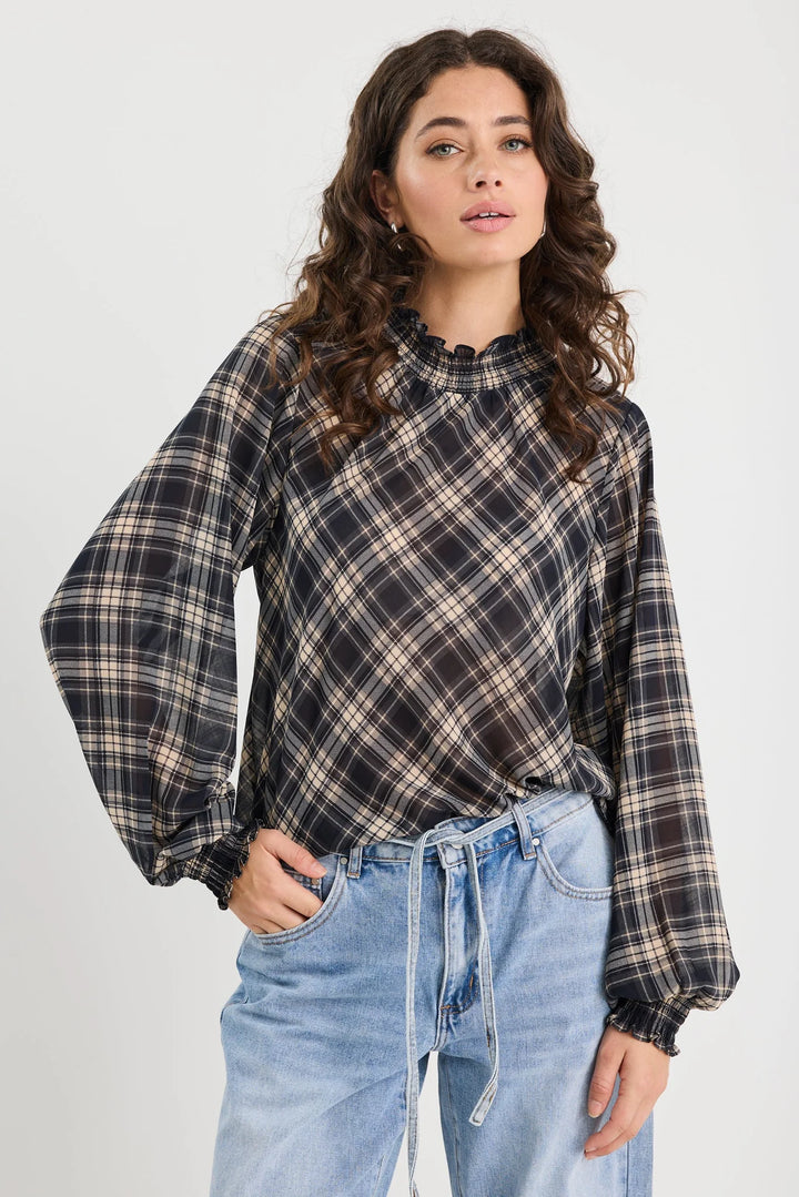 Embrace Black Check Chiffon Shirred Neck LS Top / Black Check Chiffon