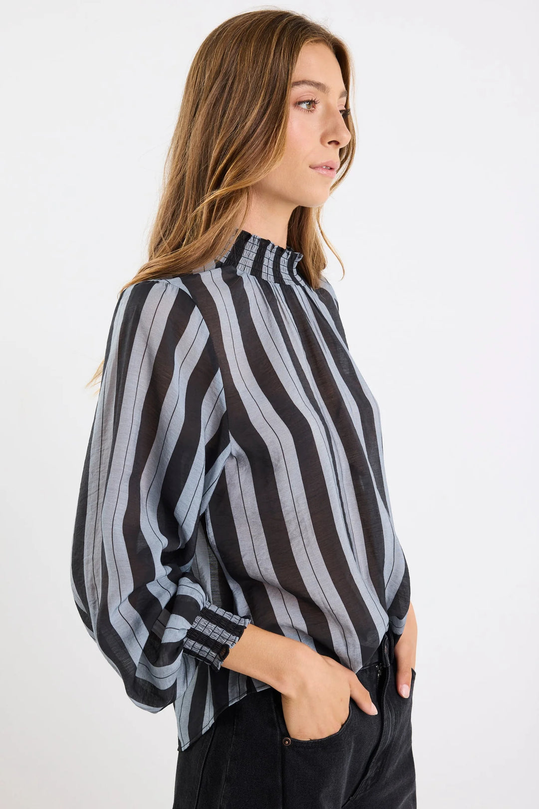 Embrace Grey Stripe Shirred Neck LS Top