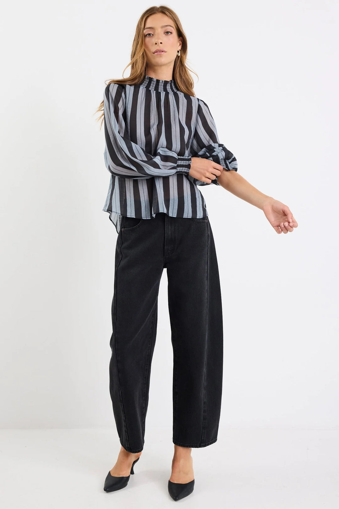 Embrace Grey Stripe Shirred Neck LS Top