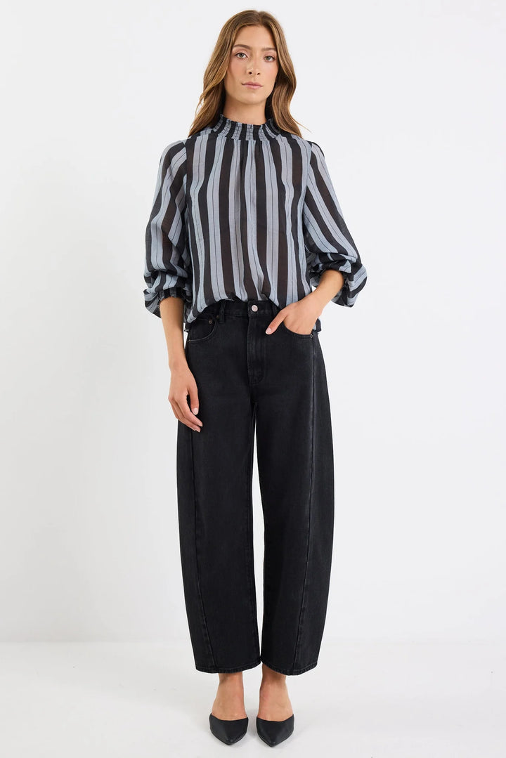 Embrace Grey Stripe Shirred Neck LS Top