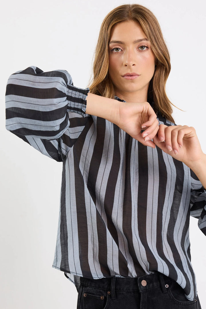 Embrace Grey Stripe Shirred Neck LS Top