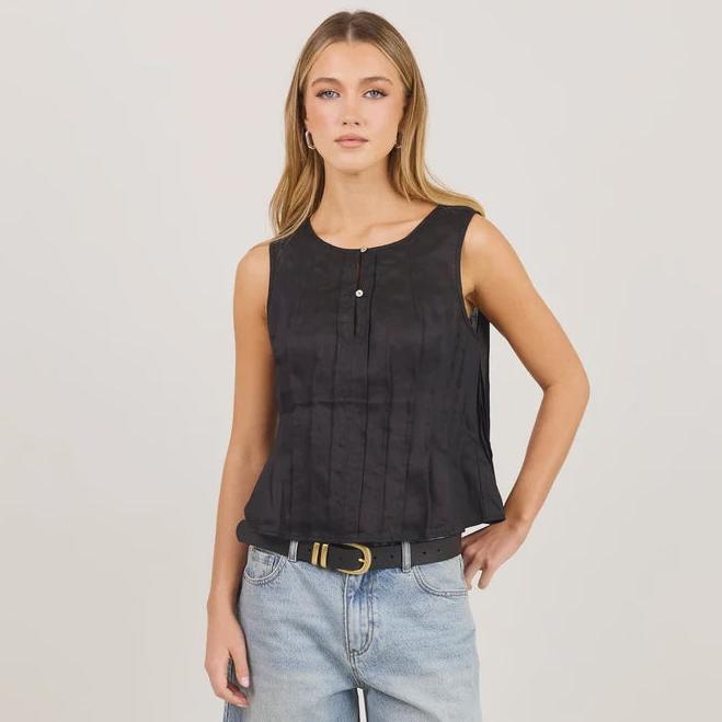 Encourage Black Linen Pintuck Sleeveless Top | Stories Be Told