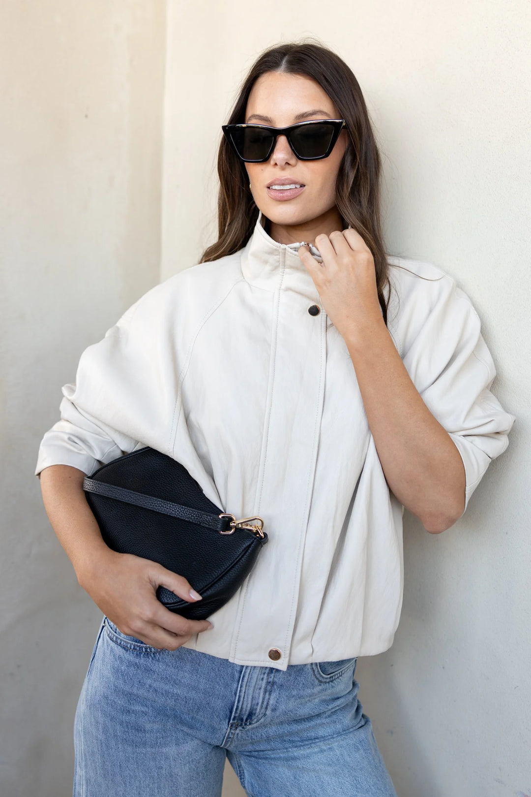 Stories Be Told Ensemble Putty Faux Leather Funnel Neck Bomber