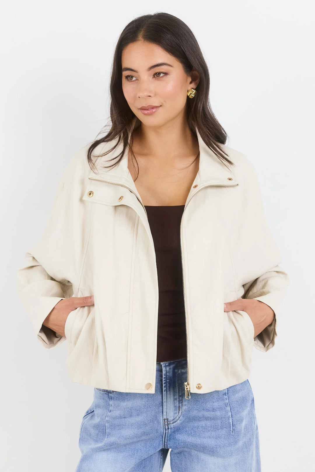 Stories Be Told Ensemble Putty Faux Leather Funnel Neck Bomber